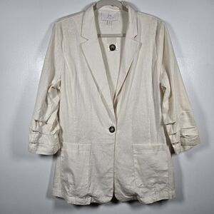 Halston Ivory Linen Blend Ruffled Sleeve One Button Blazer Jacket Womens Size XL